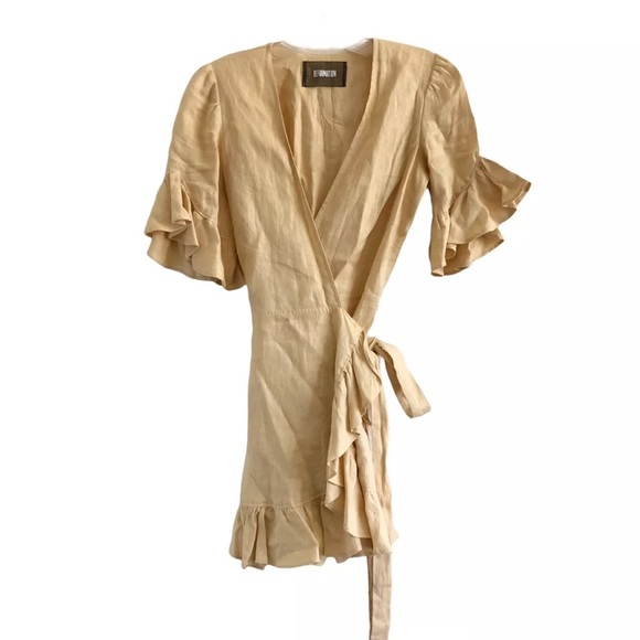 Reformation Kelsey Mini Wrap Dress Yellow 100% Linen - Picture 1 of 6